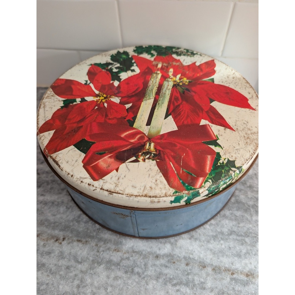 Vintage Tin‎ With Poinsettia & Candles (10")